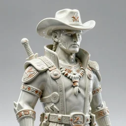 pfp ceramic portrait bounty hunter cyberpunk cowboy in tribal regalia, an idea seep's into infinity highly detailed in volumetric latent space, golden turquoise, cinematic light, sharp focus, divine realm of gods, octane render,