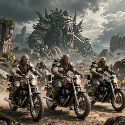 psychedelic post apocalyptic orcish biker gang, incredibly detailed, sharp focus, artstation, cgsociety