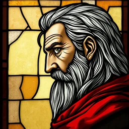 side - view portrait of geralt of rivia, in the style of 1 0 th century stained glass window, masterful