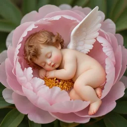 cherub sleeping inside a peony