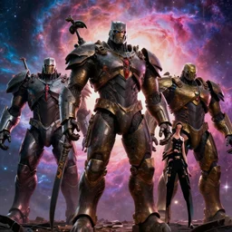 movie still frame, giant armored titans in epic pose, a psychedelic nebula in the background, beautiful composition, 8 k, cgi, by ridley scott, zack snyder and michael bay