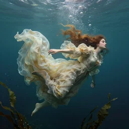 hyper realist matte digital painting of underwater photography, jugendstill, floating in water, flowing fabric, bubbles rising, seaweed, fairytale, fantasy art, photo realistic, dynamic lighting, artstation, volumetric lighting, by mucha, by charlie bowater, by karol bak, by alma tadema