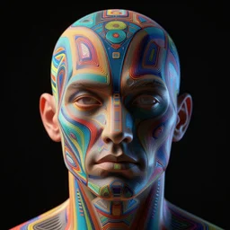 a future man face as colorful geometric patterns, intricate, volumetric dramatic light, dark black background, sharp focus, highly realistic, octane render