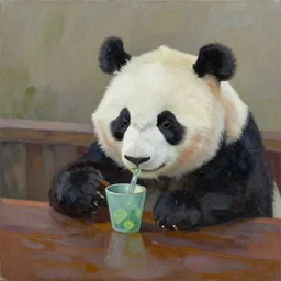 oil in canvas of a sad panda drinking on a bar