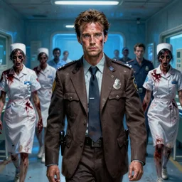 young matthew mcconaughey in constantine ( 2 0 0 5 ). police detective in a brown messy suit. world weary, horror, gloomy. grime, dirt, motor oil. bloody zombie nurses hobbling in the dilapidated hospital. blue glow. oil painting, highly detailed, centered, digital painting, artstation, concept art, smooth, sharp focus, illustration, artgerm, tomasz alen kopera, peter mohrbacher, donato giancola, joseph christian leyendecker, zdzisław beksinski, drew struzan, hell demons