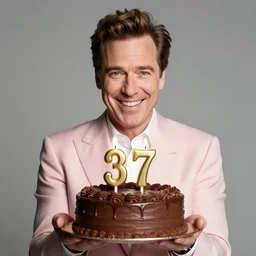 bob odenkirk, grinning, wearing a light - pink suit, holding a chocolate birthday cake, numbered candles thirty - seven, studio photograph, cinematic lighting, ultra - detailed symmetrical face