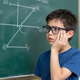 young boy with glasses sweating, looking confused, looking at a diagram on a chalkboard, photorealistic