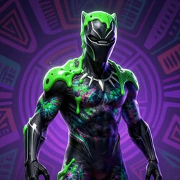 a all over print, portrait of pop nft green ooze black panther, native tribal trippy background, purple neon glow, tie dye, one piece art style, cartoon, anime, digital art