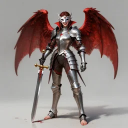 female vampire knight, barefoot, full body armor, plate armor, carnival mask, giant two - handed sword dripping blood, crimson colored wings, grinning, barefeet, fantasy art.