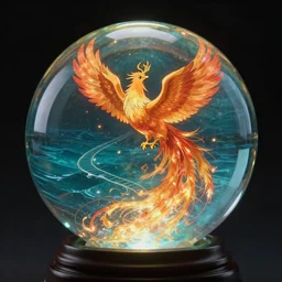 glass crystal ball, phoenix rising from the ashes inside, ocean below, studio ghibili, path traced, octane render, highly detailed, high quality, artgerm, hd, alphonse mucha, tom bagshaw