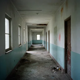 of the abandoned hallways of pilgrim state psychiatric center with ethereal mysterious spectral stains from its long dead patients
