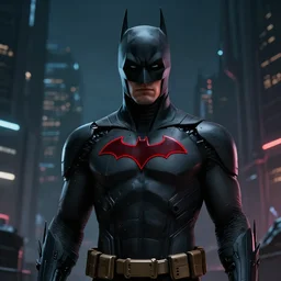 bruce timm style dark color pallette. smooth cybernetic black suit with red logo. mid shot portrait of the cyberpunk mouthless terry mcginnis batman from the show \ batman beyond \. batmanbeyond. futuristic gotham bg. masterpiece octane artstation render. fzd. artgerm, ae 9 8 yg 1 a, jeremy lipkin, craig mallismo. lighting by james
