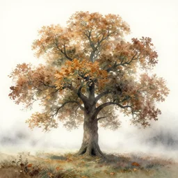 watercolor painting of oak tree in foggy autumn, mythological art by hans gude, romance art by hans dahl, by jesper ejsing, art by anders zorn, wonderful masterpiece by greg rutkowski, cinematic light, american romanticism by greg manchess, creation by tyler edlin