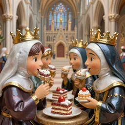 closeup profile portrait of tin toy medieval nuns wearing crowns eating cakes in the cathedral, nicoletta ceccoli, mark ryden, lostfish, max fleischer, hyper realistic, artstation, illustration, digital paint, matte paint, vivid colors, bright, cheerful, detailed and intricate gothic environment