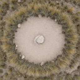 aerial directly overhead close up shot of a barren patch of dirt and rocks in the badlands surrounded by tuft grass