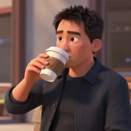 !Tommy Wiseau drinking coffee outdoors, 3d, pixar, animation, 4k, UHD