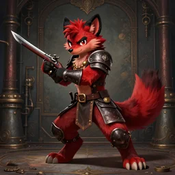 a dashing weasel bandit furry red - and - black fursona animal character { with tail }, leather armor, has just noticed you, mid - action pose on a painted elaborate industrial background by peder balke, ue 5, flintlock and dagger, dark industrial fantasy, furry art, deviantart contest winner, this fursona has [ a tail! ]
