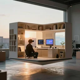 candid photo of sunrise futuristic floating cozy open - air design studio workshop : nodes designed by jony ive ( glowing screens arranged into minimalist explorable bookshelves ) scale model floating in midair in front of me : brilliant daylight vr os ux, leica 8 k still from an a 2 4 film