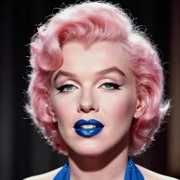 Portrait of Marilyn Monroe with pink hair, blue glitter lipstick, emerald eyes, photo, 1929