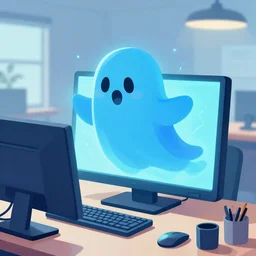 blue electric ghost coming out of a computer screen inside an office, fantasy illustration, magazine image, story cover