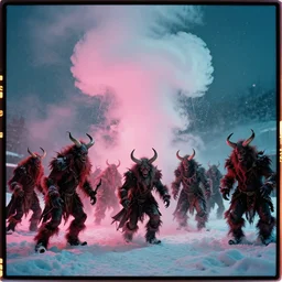 kodak portra 4 0 0, winter, snow tornado, pink and teal floodlight, hellfire, award winning dynamic photograph of a bunch of hazardous krampus between exploding fire barrels by robert capas, motion blur, in a narrow lane in salzburg at night with colourful pyro fireworks and torches, teal lights