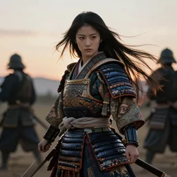 gorgeous japanese warrior princess in a battle scene, open long hair, beautiful intricately decorated clothing, natural pose, backlight, dusk, shallow depth of field, fantasy matte painting, coherent composition, karole bak, mohrbacher, hasui kawase