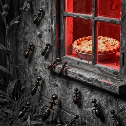 a line of ants heading up an outside wall towards a pie cooling in the window, in the style of beksinski, intricate and epic composition, black by caravaggio, insanely quality, highly detailed, masterpiece, red light, artstation, 4 k