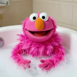 hot pink feather boa muppet in bubble bath