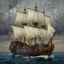 explore journey, highly detailed surrealist painting, by michael divine by yvonne mcgillivray by michael divine by mandy jurgens by michael divine, moody color palette, very very very beautiful, pirate ship