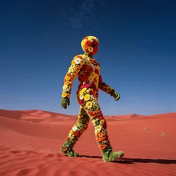 a humanoid figure made of flowers walking over a desert of red sand with a starry sky behind him
