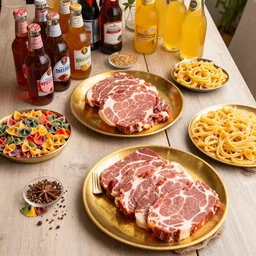 There were beverages laid out for the party. There were candy and spices and tricolored pastas. The meat carved was drawn from succulent juices served on platters of the purest gold.