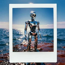 analog polaroid portrait of a chrome robot, human skull, standing in a ocean of blood, azure tones, sunlight, reflection, sparkles, lensflare, film grain, 8k, unreal engine, color bleed