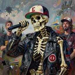 messy painting, rapper skeleton in the style of hiphop, art by marco paludet and marion bolognesi, artstation