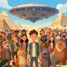 a multitude of humans beings and anthropomorphic animals staring around a giant alien ship, pyramids in the background. beautiful energetic cartoon, detailed human faces