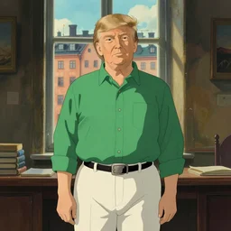donald trump wearing green shirt and white trousers, in a room, portrait, old stockholm through window at background, art by studio ghibli and j. c. leyendecker and greg rutkowski and artgerm and aenaluck, portrait, highly detailed, digital painting, trending on artstation, concept art, sharp focus, illustration