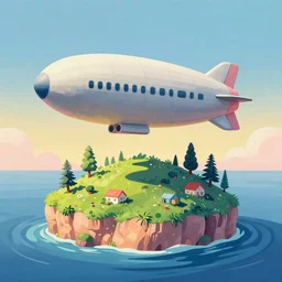 surreal glimpse into other universe, zeppelin, island, summer morning, very coherent and colorful high contrast, art by! gediminas pranckevicius! geof darrow, pastel color, volumetric lighting, cinematic, floralpunk screen printing woodblock, dark shadows, hard lighting, stippling art, cel shaded