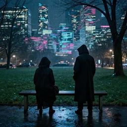 park at night, two cloaked figures, artstation, by william degouve de nunqcues, rain puddles, background glitched cyber city