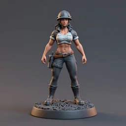 80mm resin detailed miniature of a very Muscular miner woman, shirts, helmet, stomach, navel, boots, Logo, textured base; Product Introduction Photos, 4K, view from front
