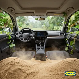 IKEA catalogue photo, high end style car interior, sand piled in corners, dust, organic, vines, overgrown, tropical, by Beksiński