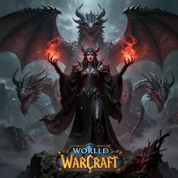 epic professional portrait of a dark queen summoning hell dragons on a mountain, world of warcraft style, dark fantasy, graphic novel layout by samwise didier, dungeons and dragons