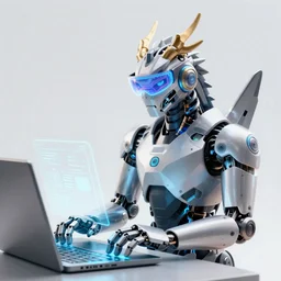 Medium shot, male anthro robotic dragon wearing a holographic visor on its head, typing on a holographic keyboard, clean digital art, upscaled