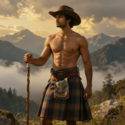 a dramatic epic beautiful painting of a handsome shirtless desi man in the mountains | he is wearing a plaid kilt and cowboy hat, and holding a walking stick | background is mountains! and clouds | dramatic lighting, golden hour, homoerotic | by mark maggiori | trending on artstation