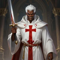 a highly detailed illustration of sadistic white haired tanned african priest wearing white robe with red cross design, wielding divine bloody sword, evil smirk, gothic church background, intricate, elegant, highly detailed, centered, digital painting, artstation, concept art, smooth, sharp focus, league of legends concept art, wlop
