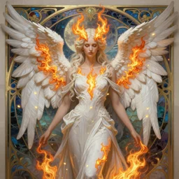 phoenix angel in white dresses of fireflies and flameches, symmetrical facial features, flames intricate stainglass and moonlight landscape background, elegant, highly detailed, digital painting, artstation, concept art, matte, sharp focus, illustration, intricate art nouveau frame, art by Artgerm and Greg Rutkowski and Alphonse Mucha