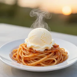 single scoop of vanilla ice cream on top of a plate of steaming spaghetti, high resolution photograph, picnic at sunset