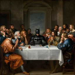renaissance painting of philosophers having a discussion with batman in a round table, crowd watching and murmuring, moody,