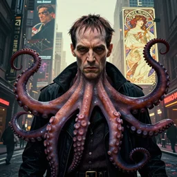 , h p lovecraft with octopus tentacles and head of the cthulhu hyperrealistic portrait, bladerunner street, art of elysium by jeremy mann and alphonse mucha and greg rutkowski, fantasy art, photo realistic, dynamic lighting, artstation, poster, volumetric lighting, very detailed face, 4 k, award winning