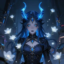 detailed, sharp, portrait of a young witch with glowing blue horns wearing gothic ornament surrounded by glowing white flowers floating above a dystopia by Anna Dittmann and Ilya Kuvshinov and and studio ghibli and WLOP and Rossdraws, digital art, surreal, trending on artstation, anime arts, featured on Pixiv, blue lighting, HD, 8K, highly detailed, good lighting, beautiful, epic, masterpiece