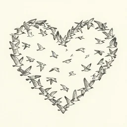 a drawing of a a flock of birds flying to freedom in the shape of a heart by caspar david friedrich, lineart, clue color scheme, high detail, one single line