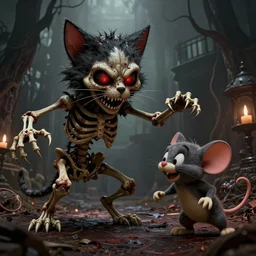 an epic action concept masterpiece of demented skeletal cat and mouse, inspired by sd ai and hieronymus bosch, digital art, horrific cinematic lighting, 4 k